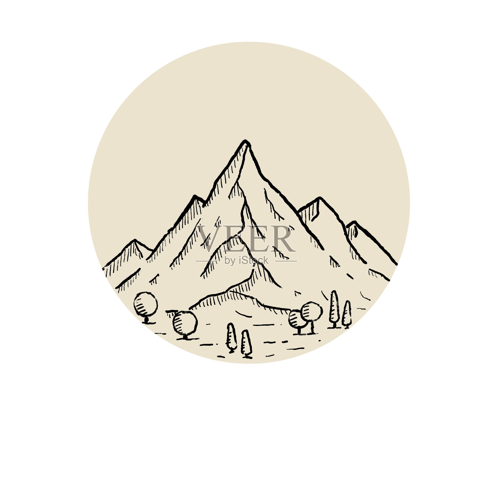 雕刻风格的山脉。标志为高原景观和山峰圈。手绘设计。岩石山脊。插画图片素材