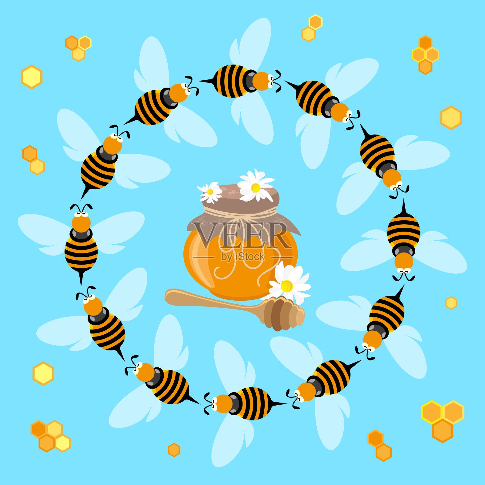 蜜蜂围着一罐蜂蜜翩翩起舞插画图片素材