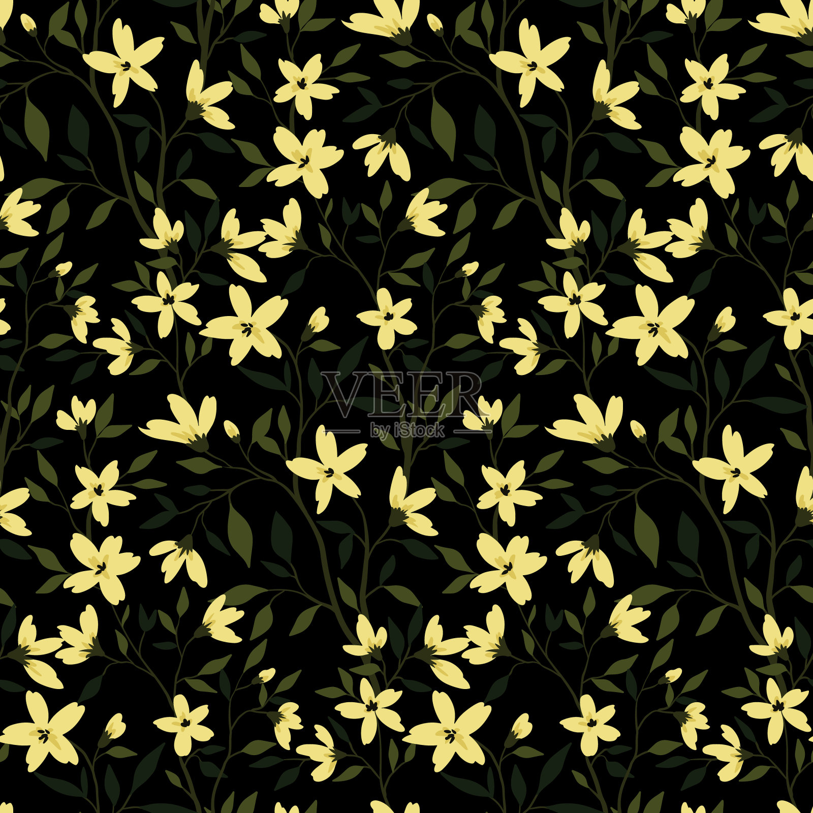 复古印花与花枝在一个黑色的背景上。无缝图案上有小花，树上有叶子。老式的植物表面手绘植物。矢量插图。插画图片素材