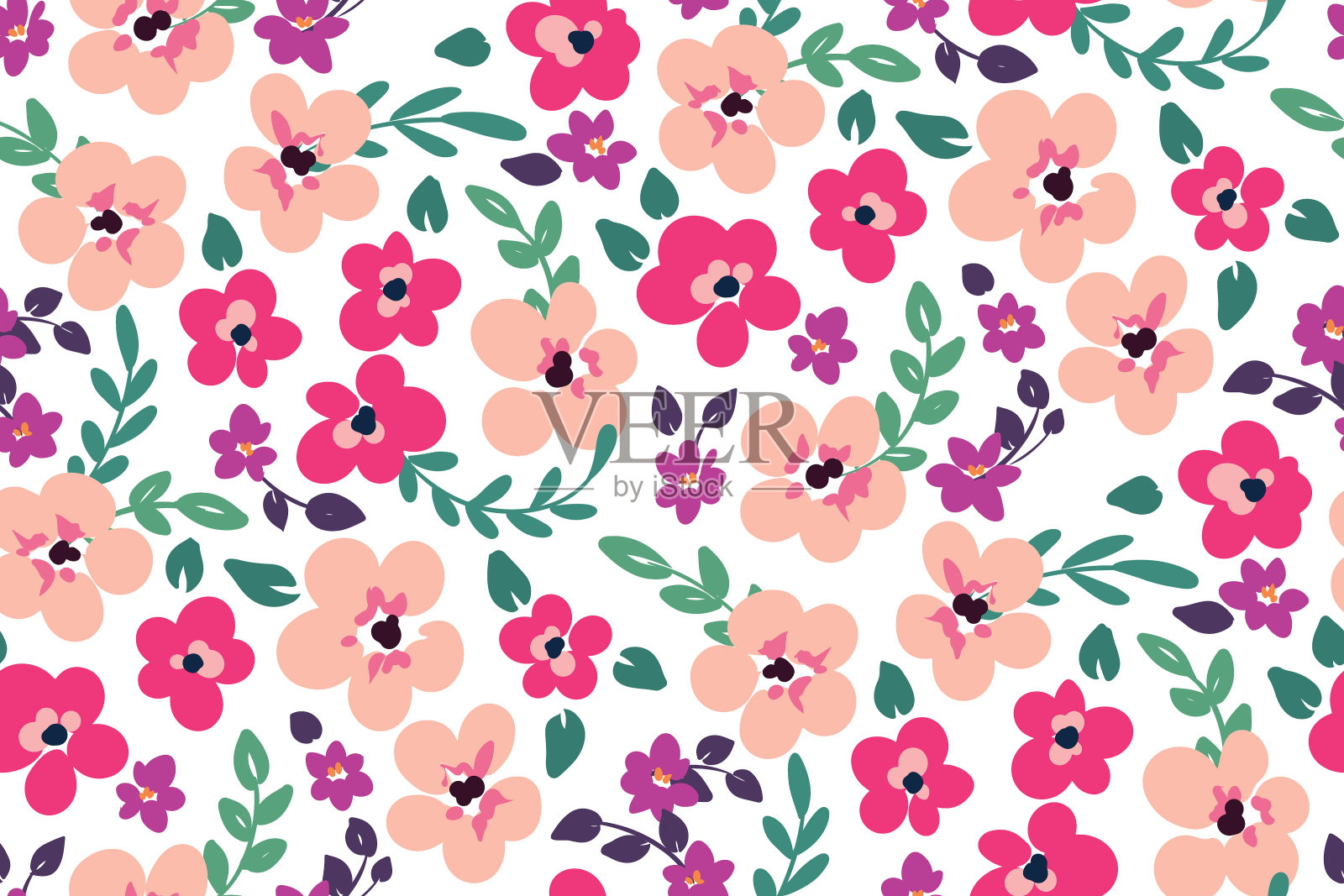 艺术花卉背景与小粉红色的花，白色的田野上的叶子。无缝的花卉图案，可爱的春天印花与微小的彩绘植物。现代植物表面。向量。插画图片素材