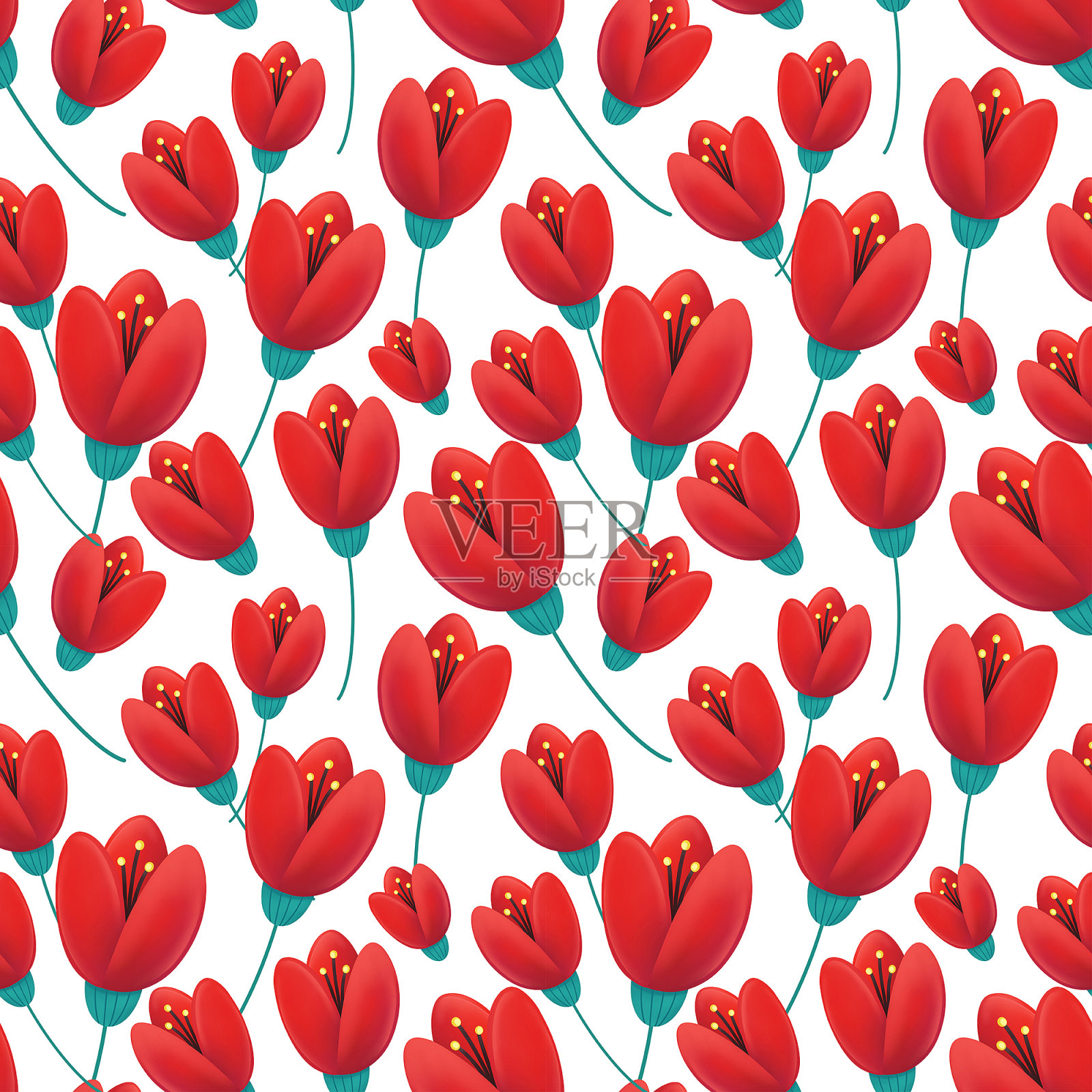 红色郁金香的图案与绿色的叶子在白色的背景插画图片素材