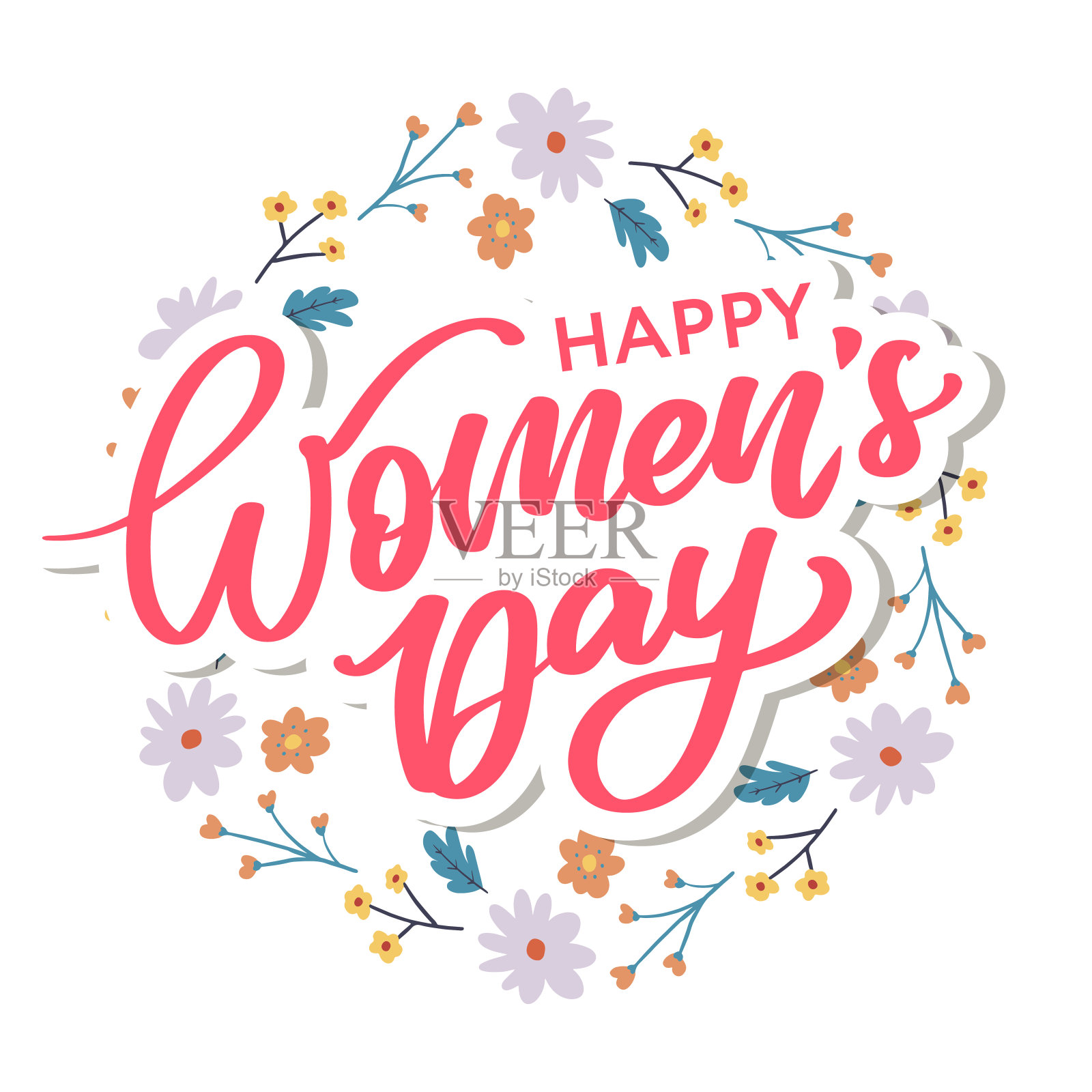 三八妇女节手绘文字。红色文本孤立在白色的明信片，海报，横幅设计元素。祝三八妇女节快乐。准备假日字母设计。插画图片素材