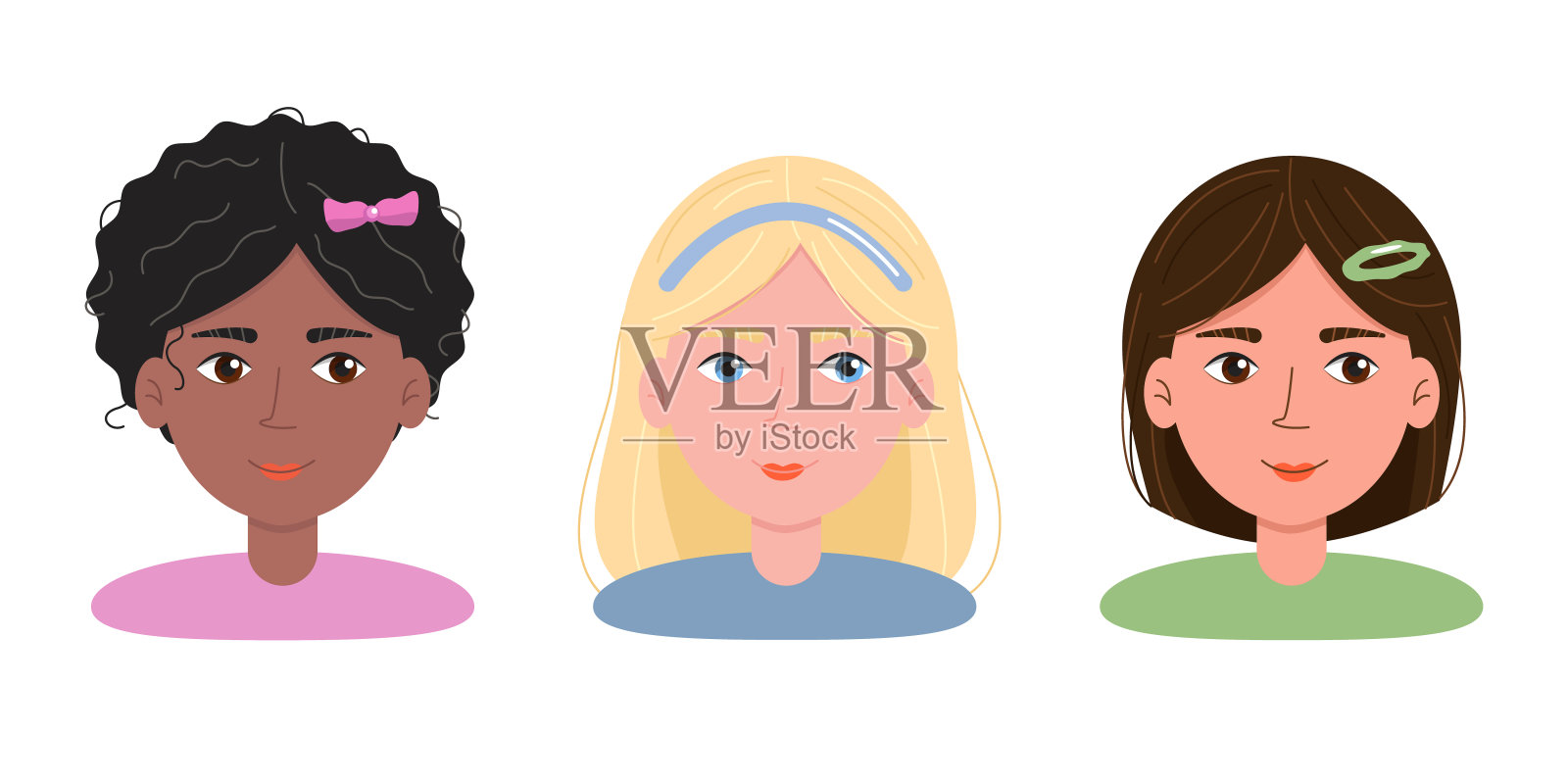 一组儿童肖像。来自不同国家的小女孩。扁平风格的向量字符。插图孤立在白色背景上插画图片素材