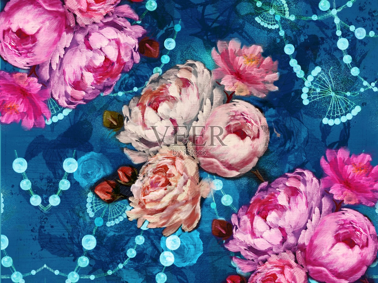 玫瑰，牡丹和珍珠母壁纸插图的植物花束插画图片素材