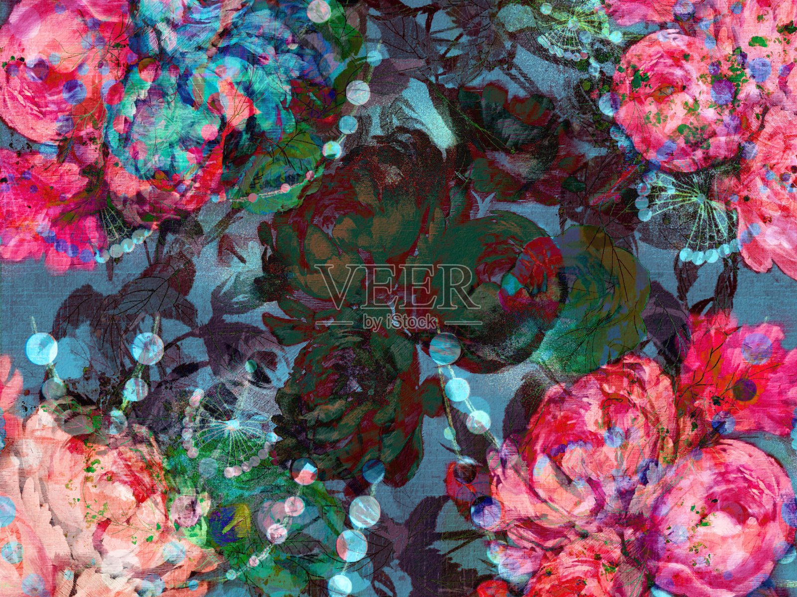 玫瑰，牡丹和珍珠母壁纸插图的植物花束插画图片素材