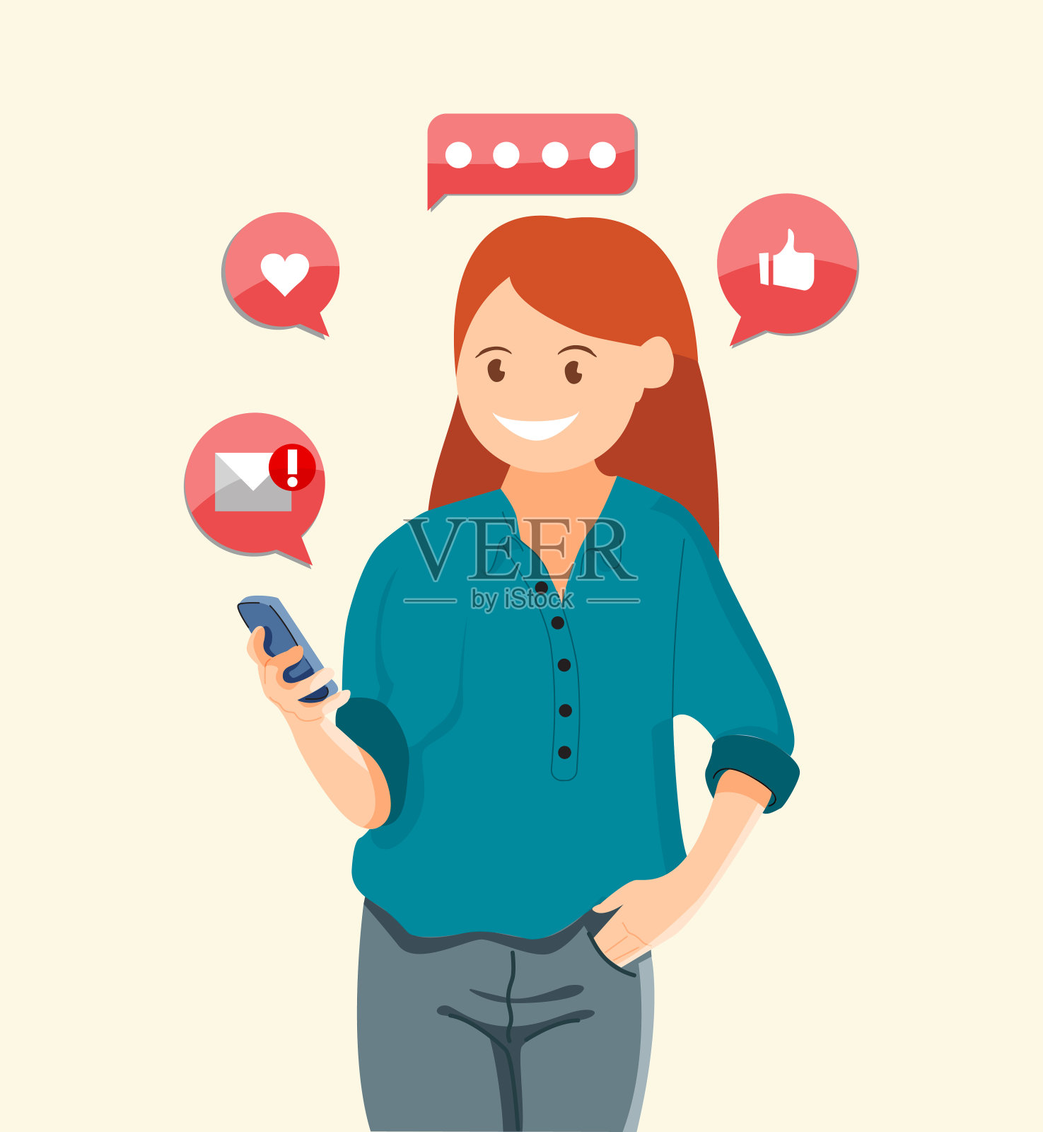 年轻女性通过信使或社交网络进行交流。插画图片素材