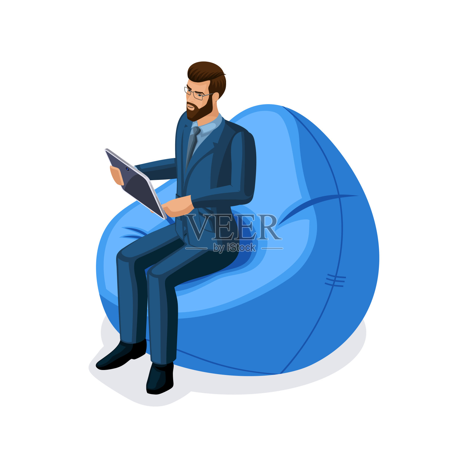 拥有电子产品、高科技、智能手机、笔记本电脑、互动屏幕、虚拟现实、平板电脑的等距商务人士。插画图片素材