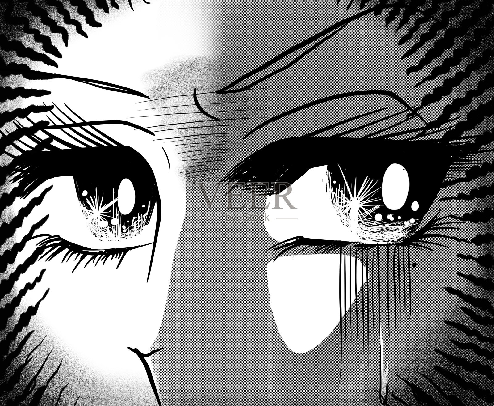 插图一个美丽的女人的脸在一个70年代的少女漫画的背叛愤怒。插画图片素材