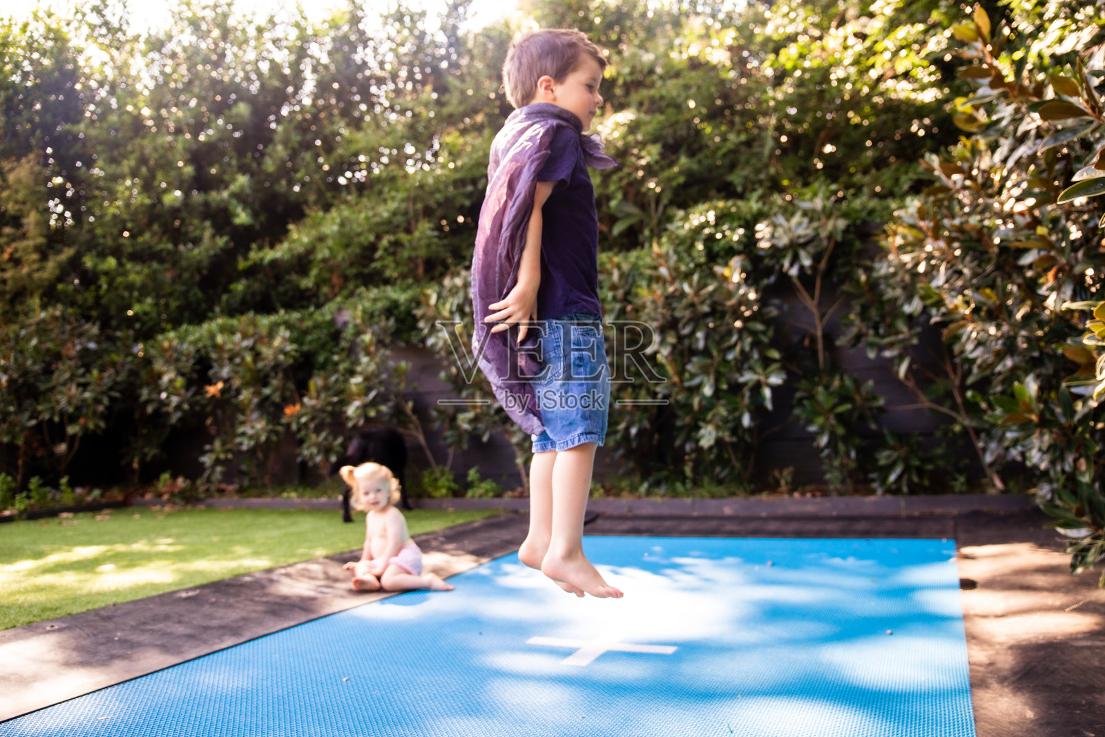 澳大利亚的夏天，孩子们在户外蹦床上玩耍照片摄影图片
