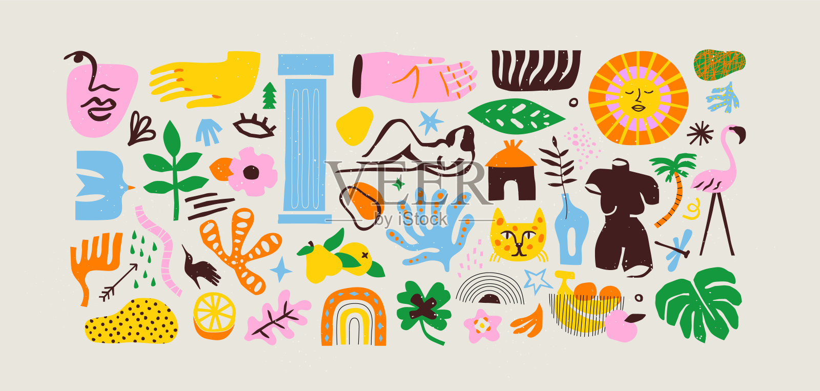 一组流行的涂鸦和抽象的自然图标插画图片素材