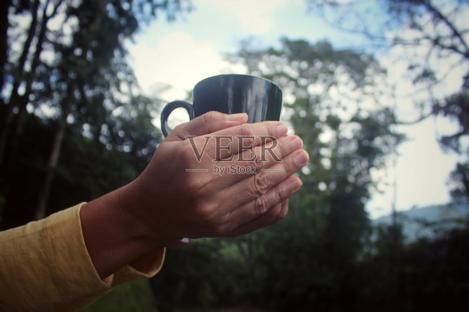 人拿着一杯茶或咖啡在绿色的自然公园背景。照片摄影图片