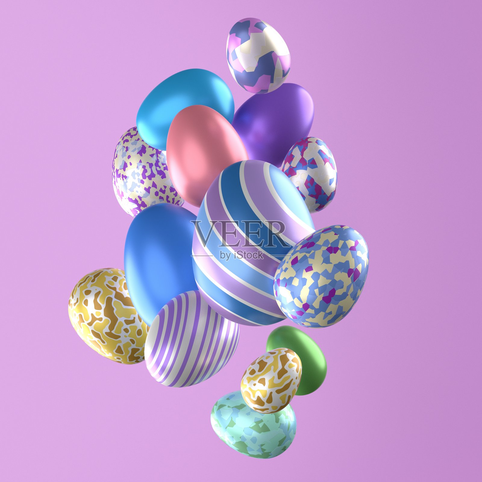 多重彩色和装饰复活节彩蛋流动在紫色的背景照片摄影图片