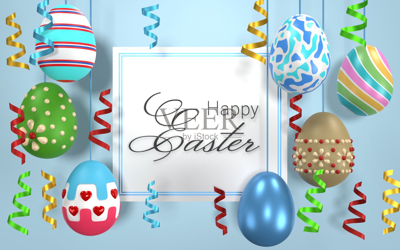 多颜色和装饰复活节彩蛋挂在蓝色表面丝带照片摄影图片