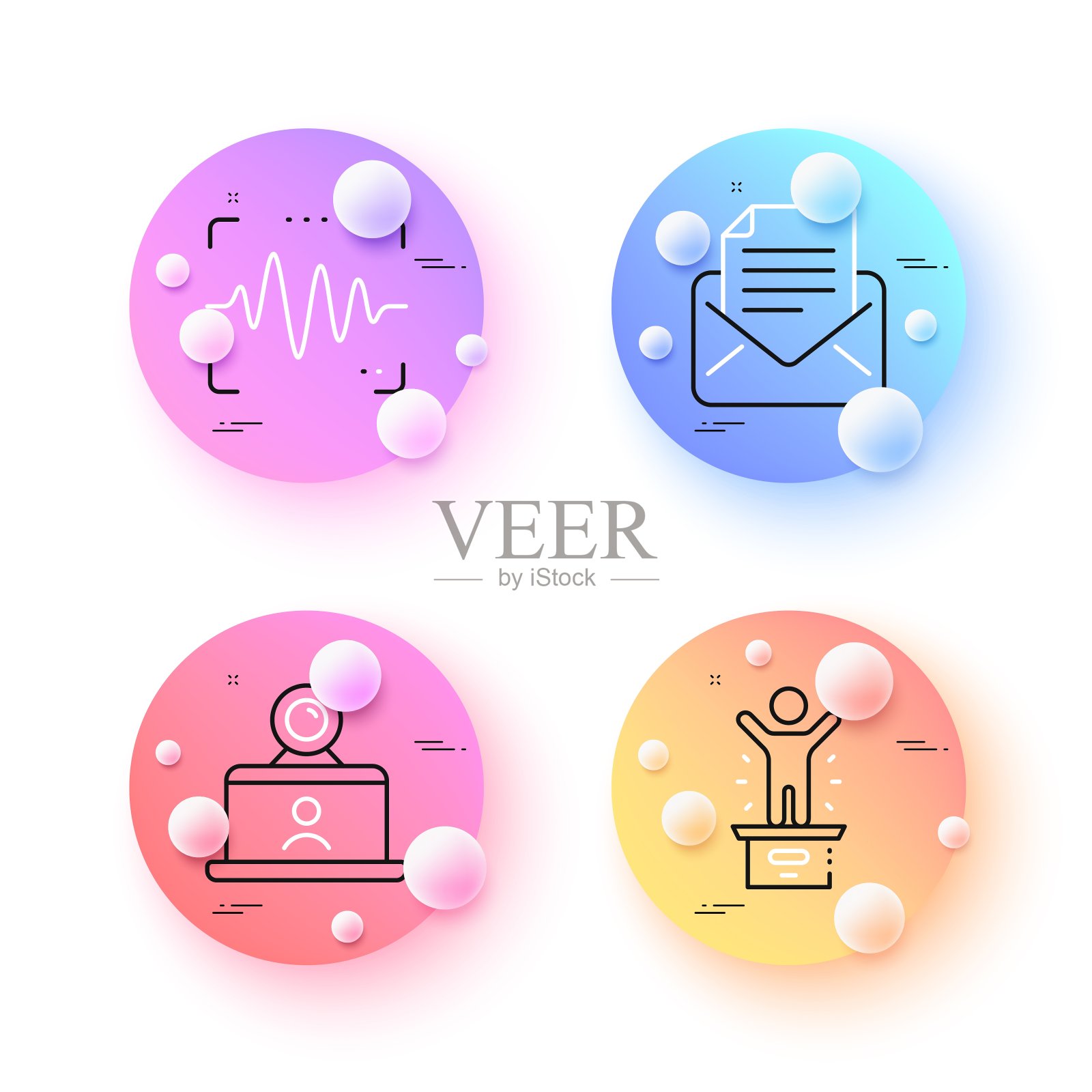 获奖者领奖台，邮件通信和语音波最小线图标。对于web应用，打印。向量图标素材