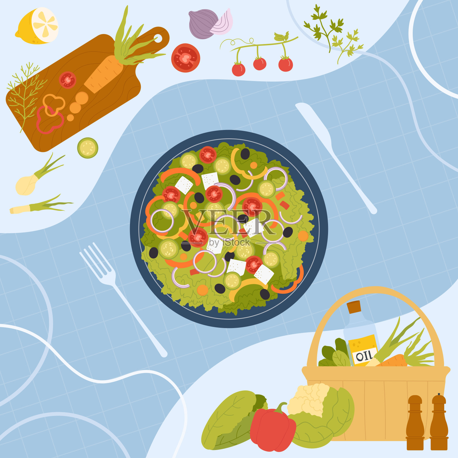 希腊沙拉配方，地中海饮食，生菜，番茄和辣椒粉，羊乳酪装盘插画图片素材