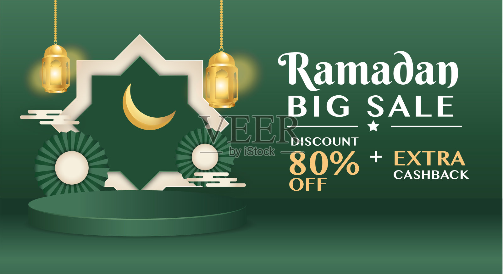 斋月卡里姆绿色的花灯和讲台设计模板素材