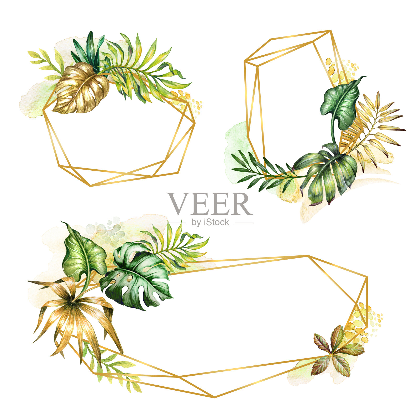 水彩植物插图，多边形黄金框架装饰野生热带树叶，波西米亚背景，几何空白横幅与丛林decor，贺卡模板插画图片素材