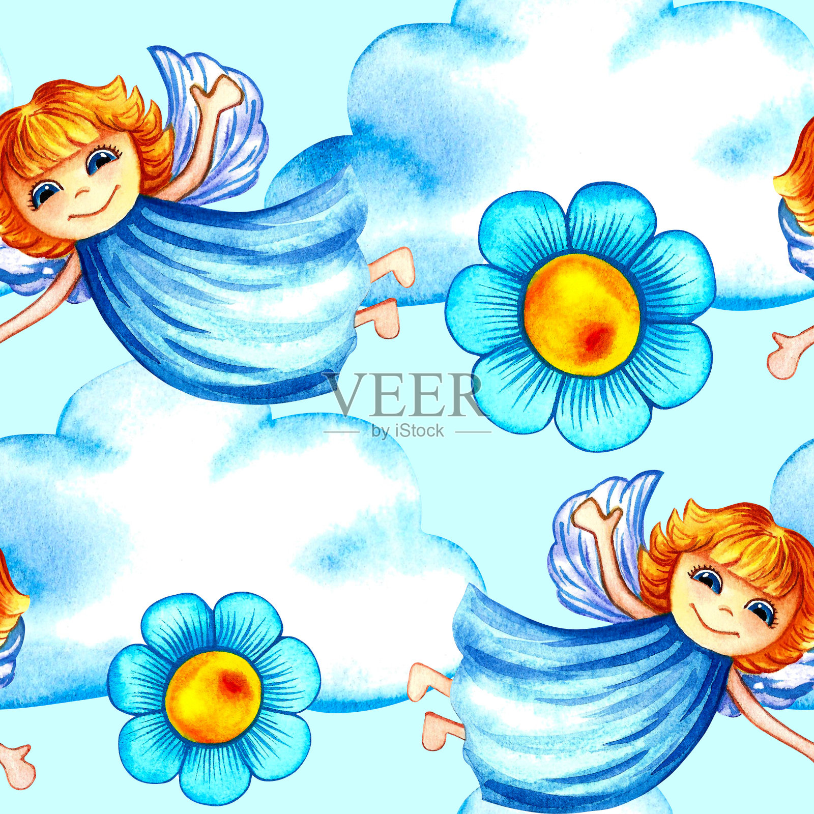 孩子们画的天使在蓝色背景的云上。插画图片素材