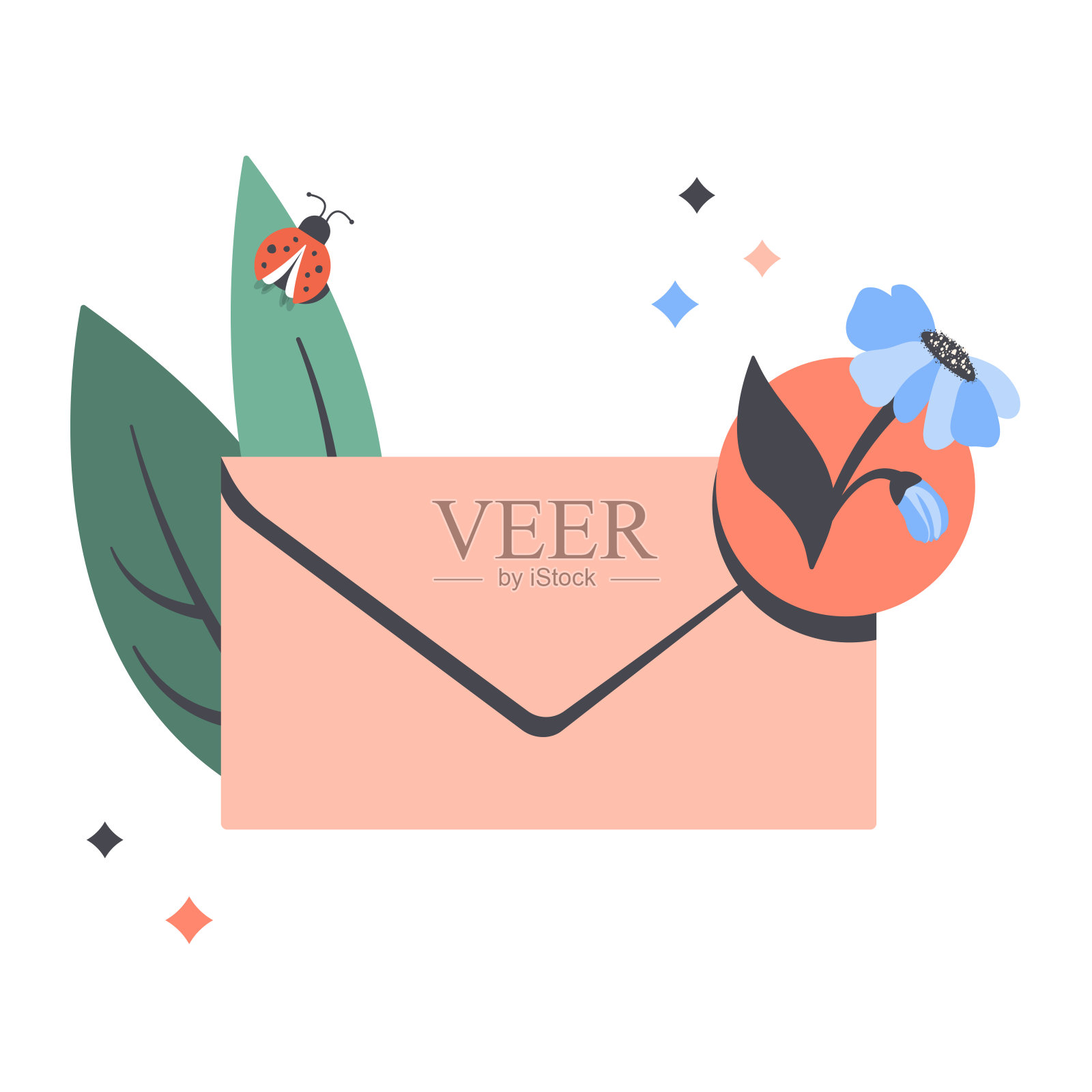 消息通知，发送消息。邮件信封与新的传入信息与花，植物，瓢虫。良好的新闻通知理念，沟通能力。矢量平面卡通插图插画图片素材