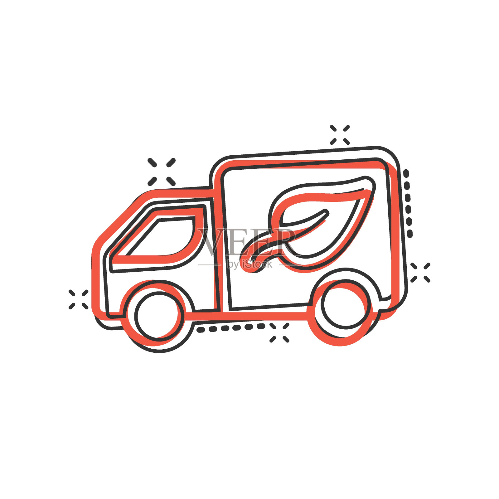 生态卡车图标在漫画风格。生态航运卡通矢量插图在白色孤立的背景。Van和leaf飞溅效果标志的经营理念。插画图片素材