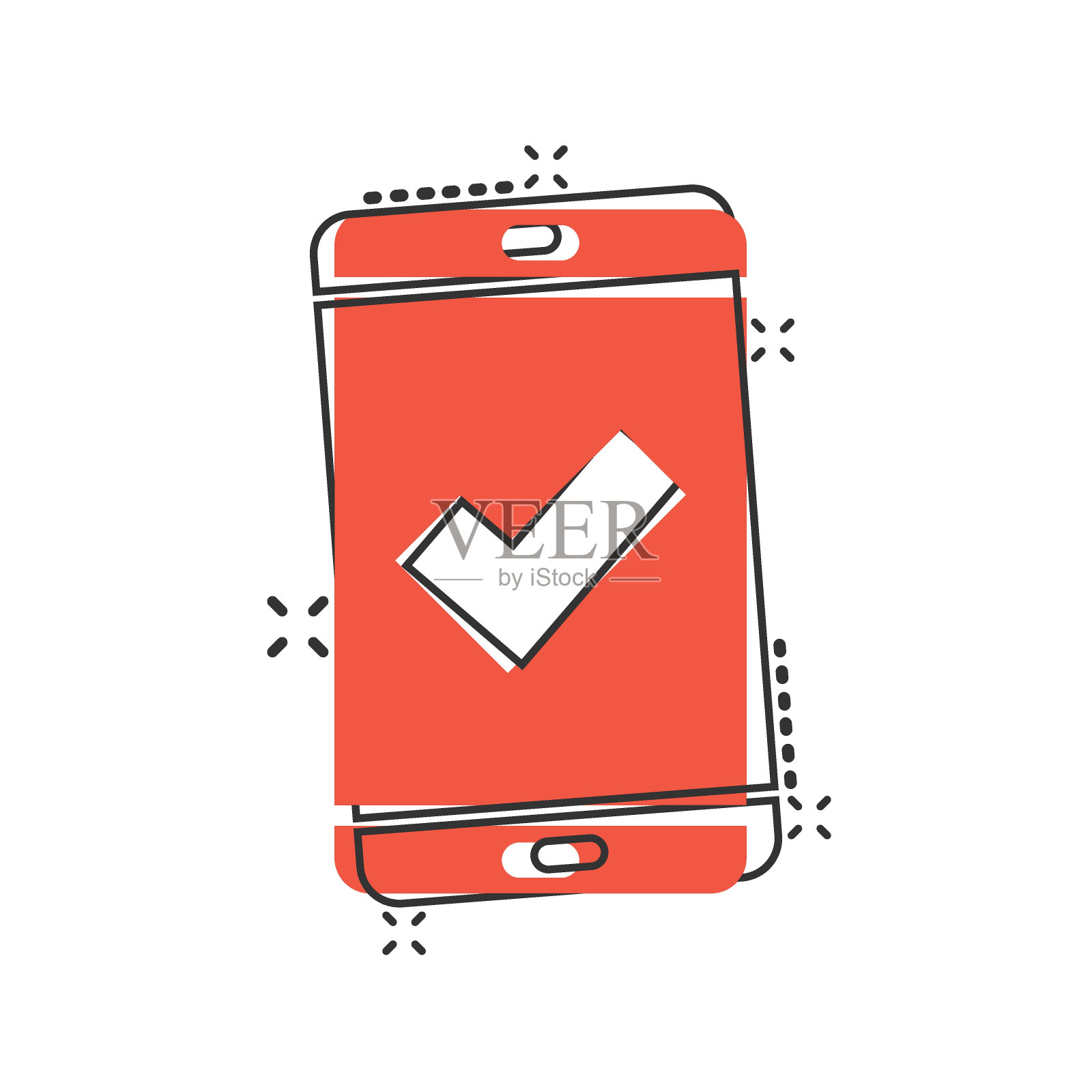 电话检查标志图标在漫画风格。智能手机批准卡通矢量插图在白色孤立的背景。确认飞溅效应经营理念。插画图片素材