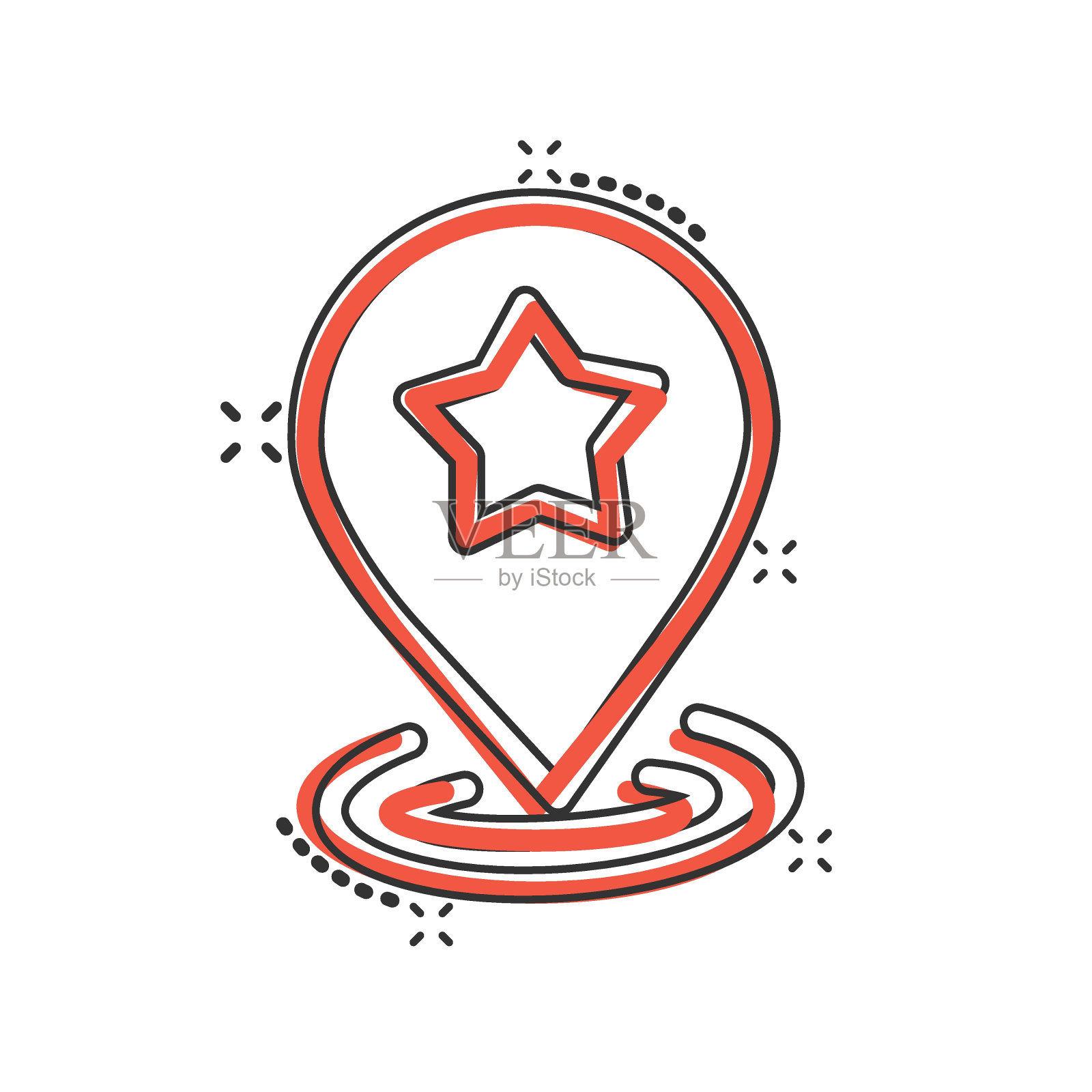 地图别针图标在漫画风格。GPS导航卡通矢量插图在白色孤立的背景。定位飞溅效应的经营理念。插画图片素材