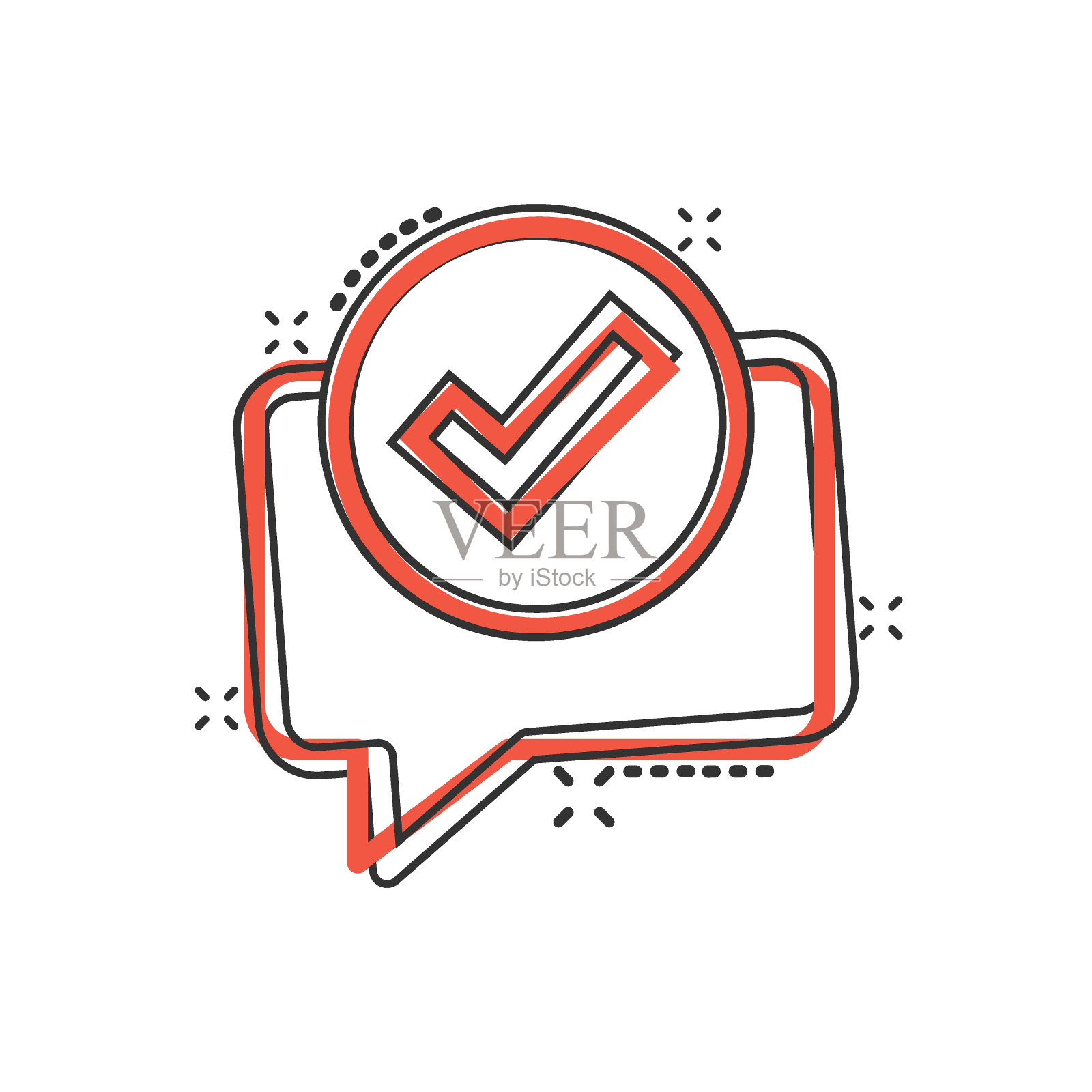 说话聊天标志图标在漫画风格。演讲气泡与复选标记卡通矢量插图在白色孤立的背景。团队讨论按钮飞溅效果的经营理念。插画图片素材