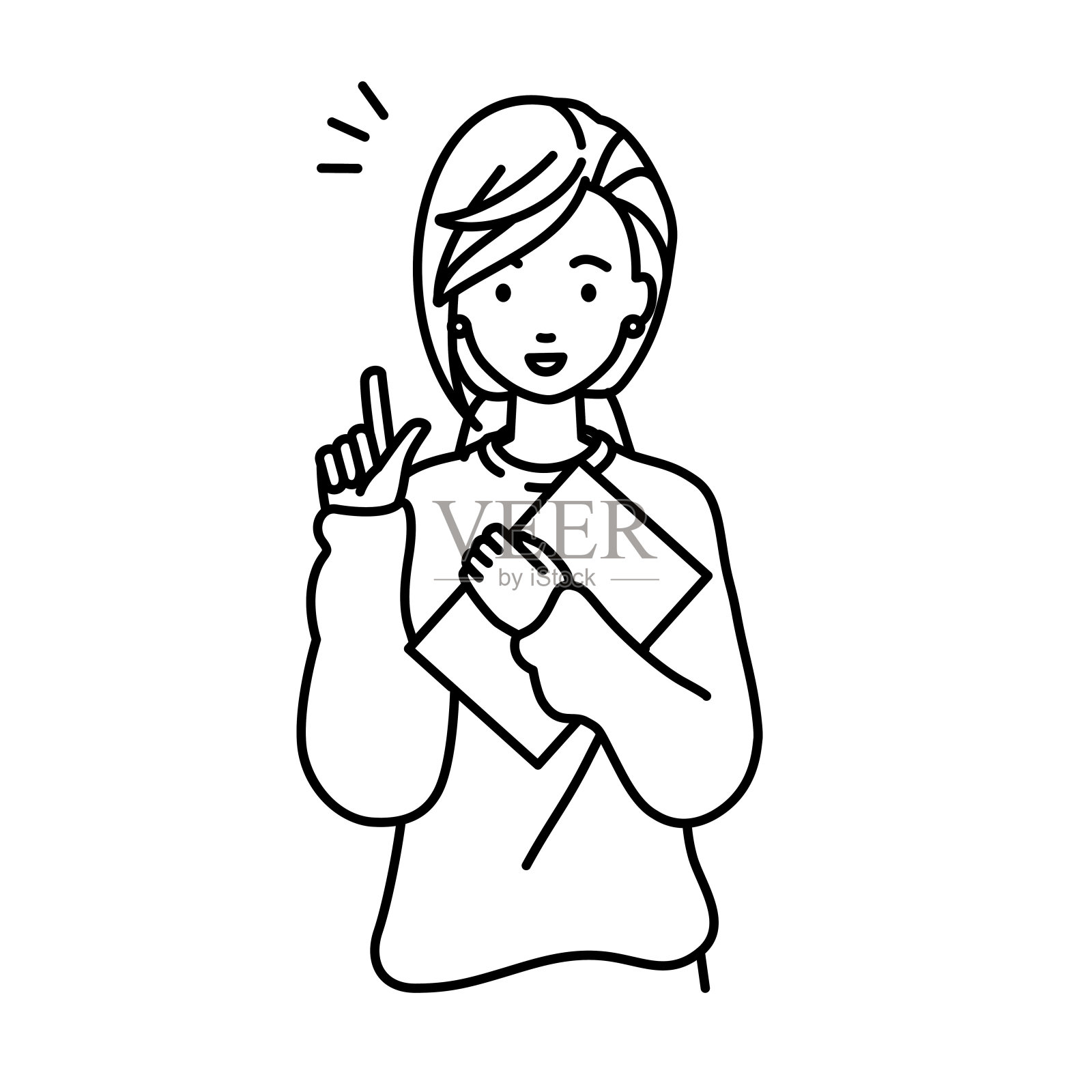 一个女人在休闲风格得到想法站在文件指向手势插画图片素材