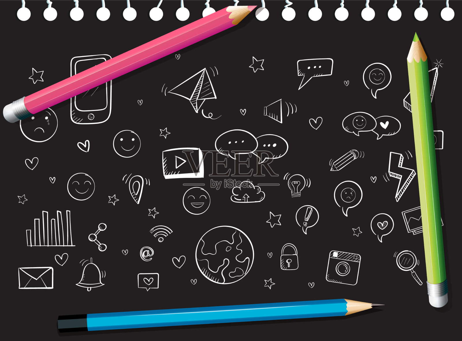 在黑色的彩色纸上手绘涂鸦图标素材