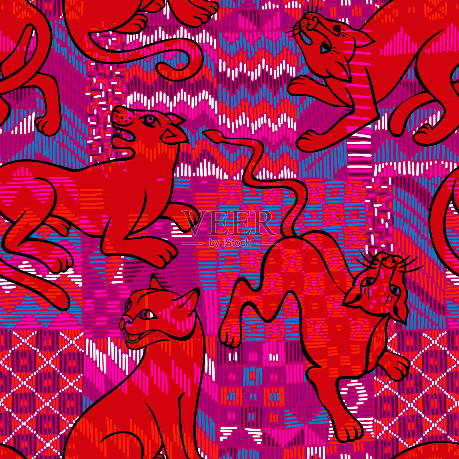 动物无缝模式。豹纹叠加在几何chevron马赛克纹理上。猎豹、豹子、黑豹、野猫的剪影。民族矛盾和背景。插画图片素材