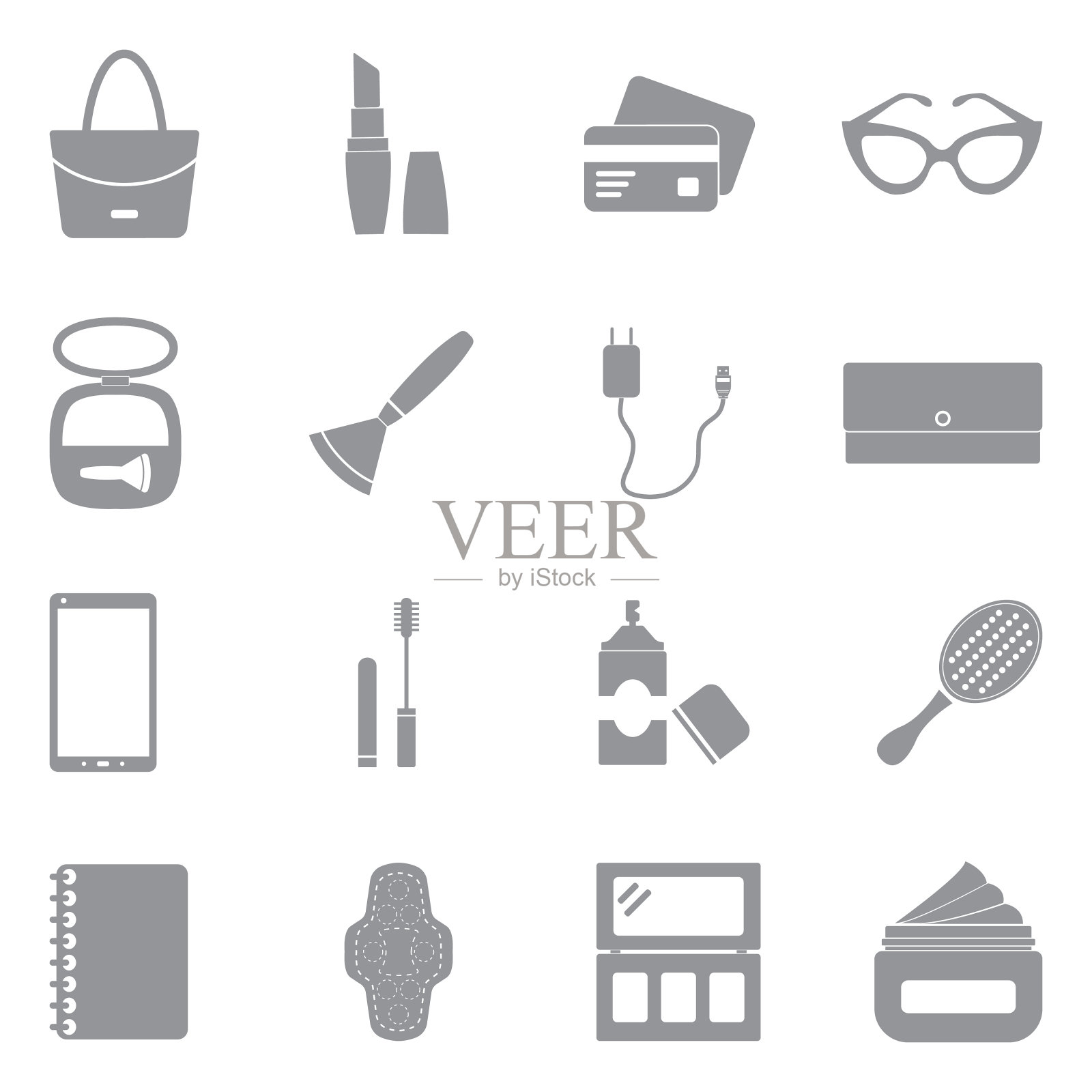 女人的钱包图标。灰色的平面设计。矢量插图。插画图片素材