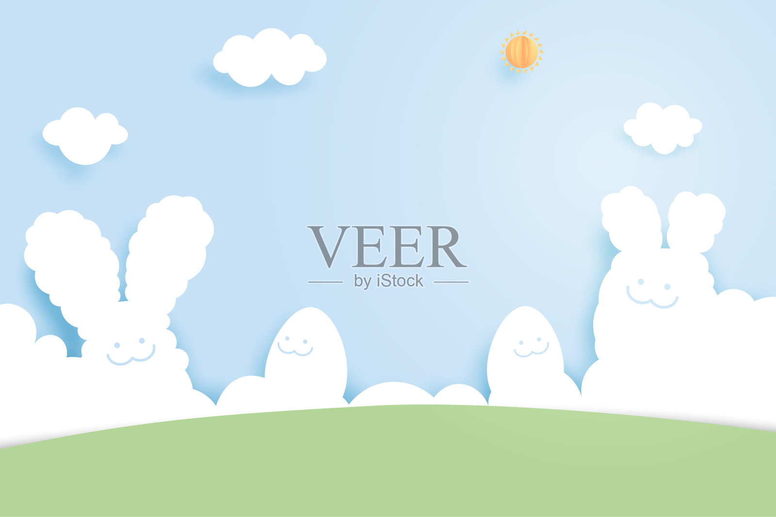 复活节快乐背景。在蓝色的天空背景上画有云彩形状的复活节彩蛋和兔子。旗帜模板设计。矢量插图。插画图片素材