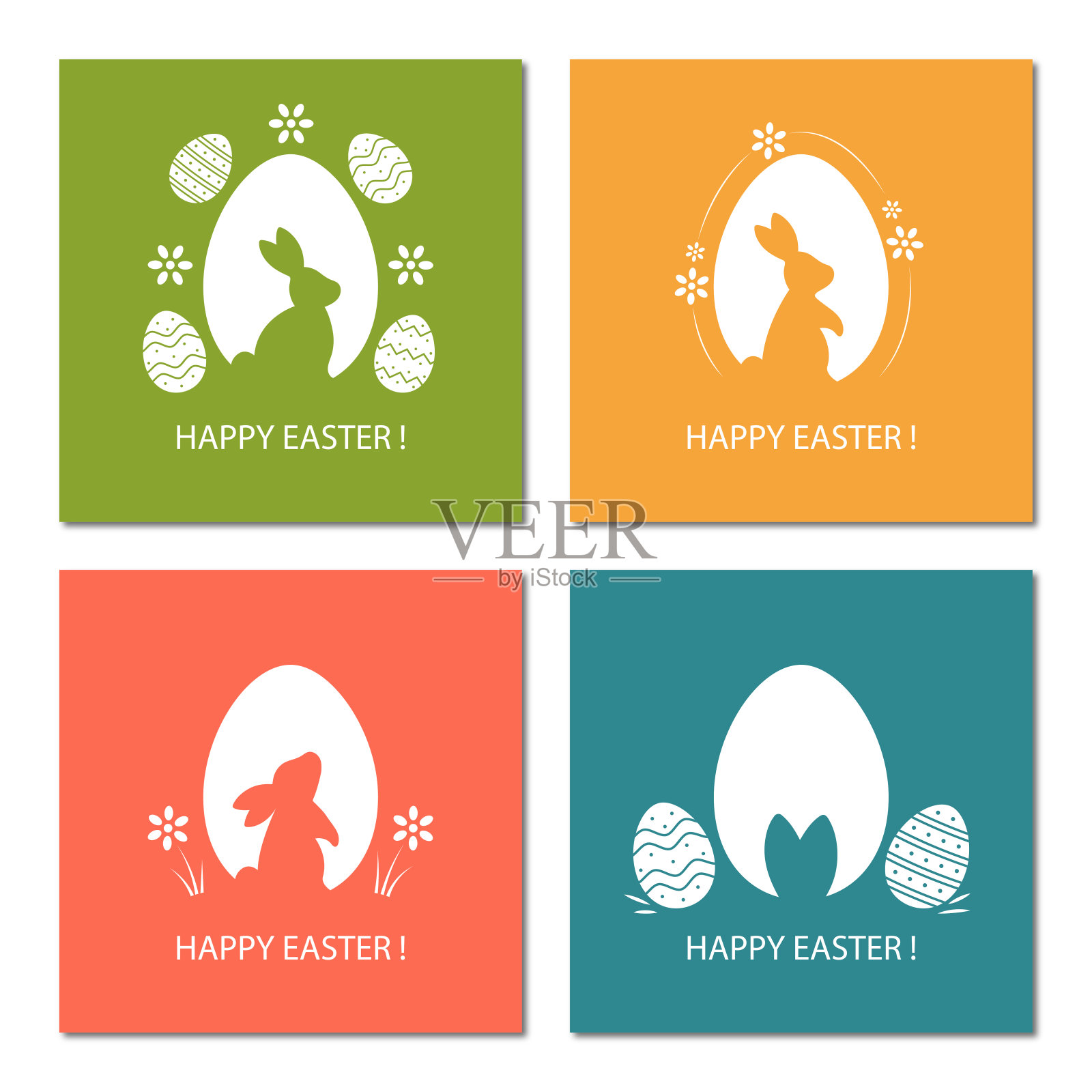 复活节快乐。一组矢量复活节插图。复活节彩蛋，兔子，花。非常适合做海报、封面或明信片。插画图片素材