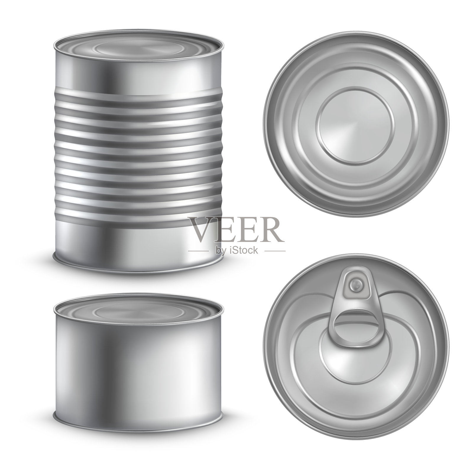 现实的罐头。3d模型金属罐，钢罐包装，铝罐头盖，铝圆筒食品包装，金属银罐头盒，孤立的整洁的矢量插图插画图片素材
