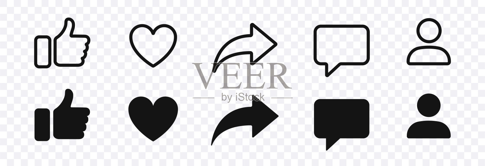 点赞、分享、点赞、评论、爱心、转发孤立的图标、矢量社交媒体图标。社交通知按钮。矢量图图标素材