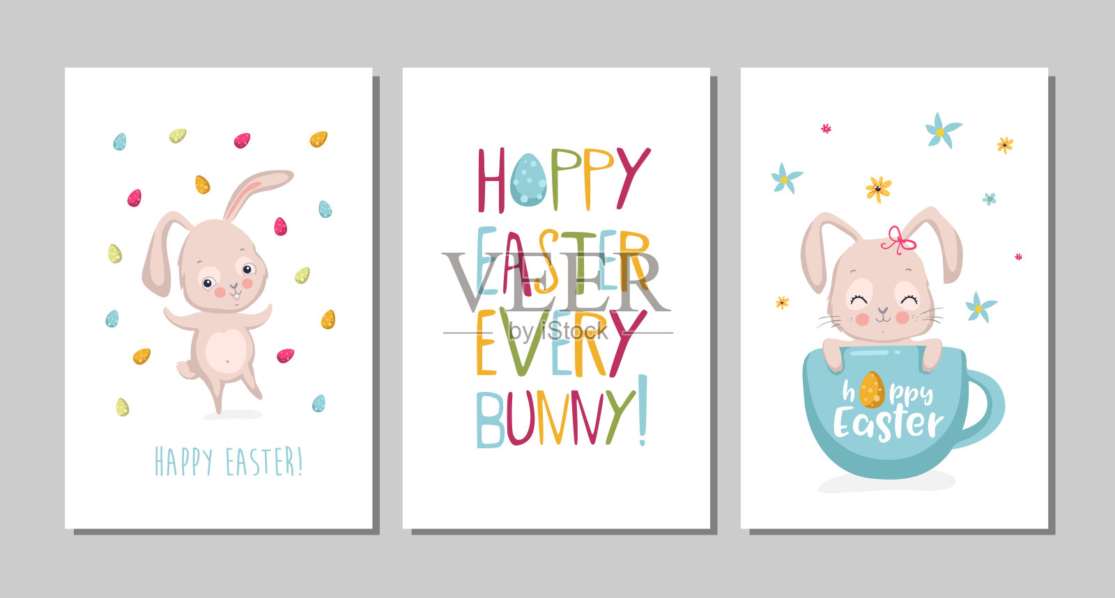 一套复活节卡片与可爱的兔子和字母。复活节贺卡上有兔子，杯子，蛋和花。矢量图设计模板素材