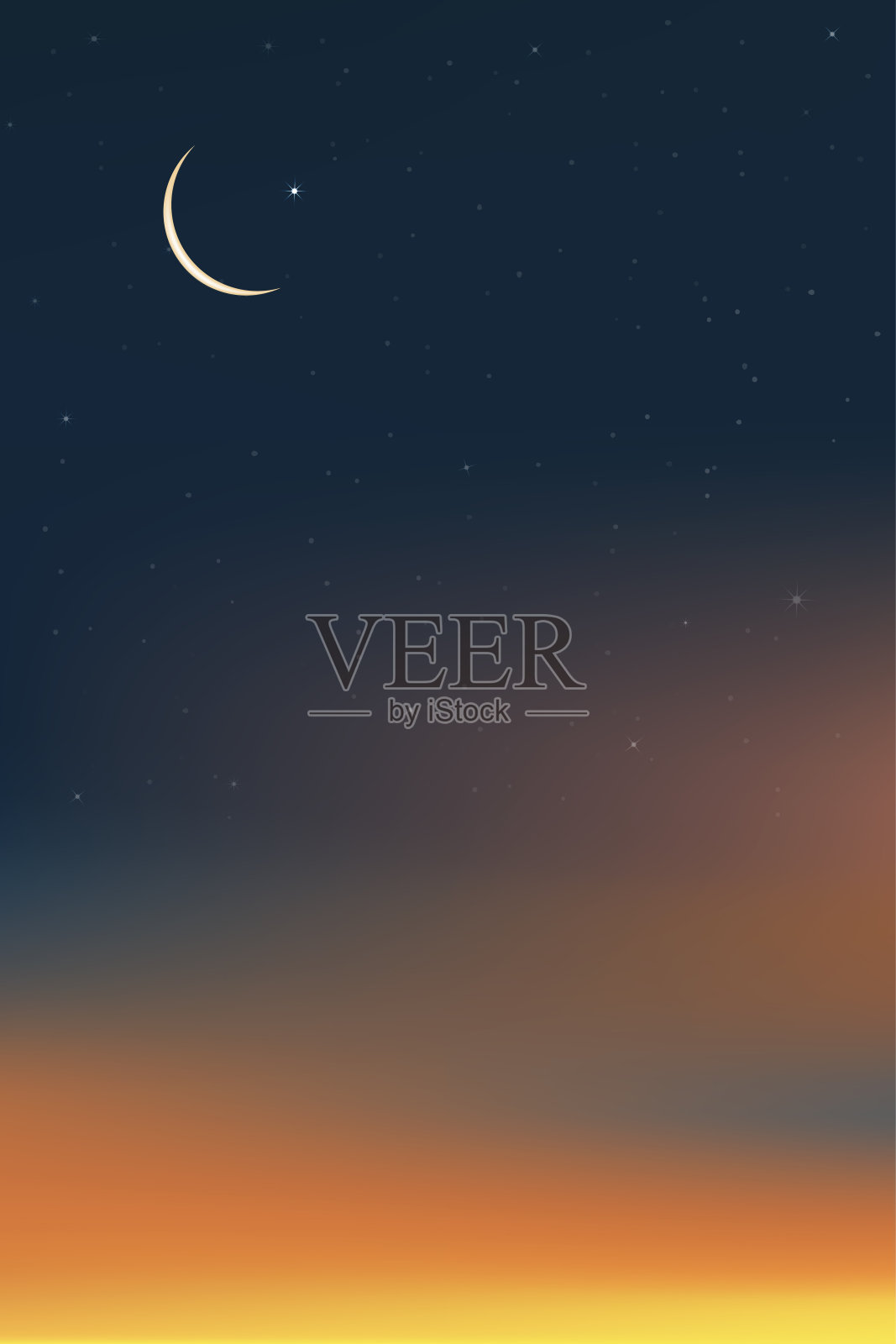 伊斯兰卡与新月在蓝色，橙色天空背景，垂直横幅斋月夜与戏剧性的苏塞特，黄昏黄昏的天空为伊斯兰教，宰牲节，穆巴拉克宰牲节，开斋节插画图片素材