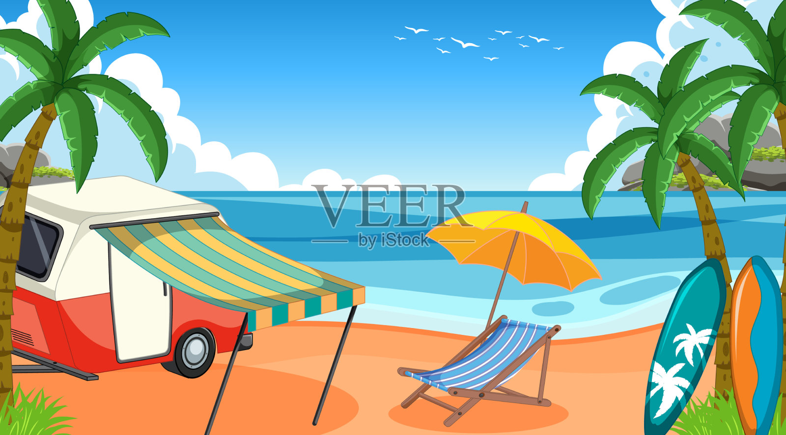 暑假以海滩为背景插画图片素材