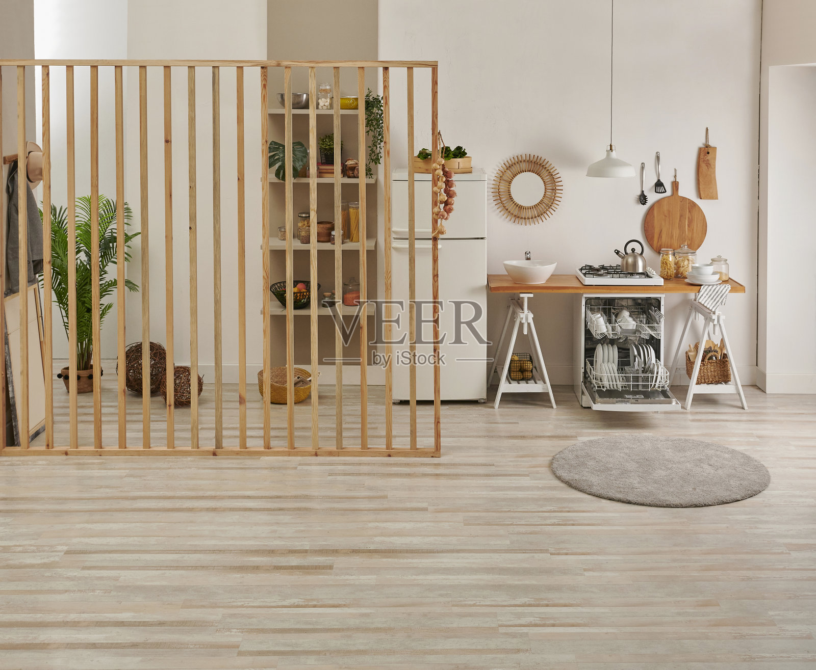 现代厨房背景风格与洗碗机和冰箱风格，室内概念。洗手台植物花瓶和灯饰。照片摄影图片