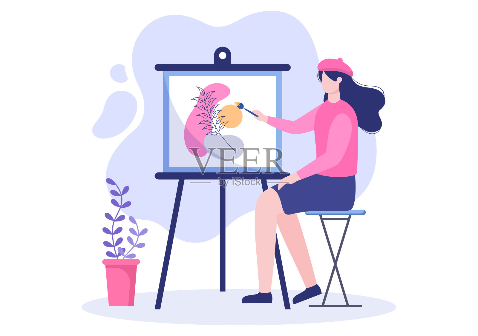 画平面插图与某人谁画使用画架，画布，画笔和水彩海报或工作坊设计插画图片素材