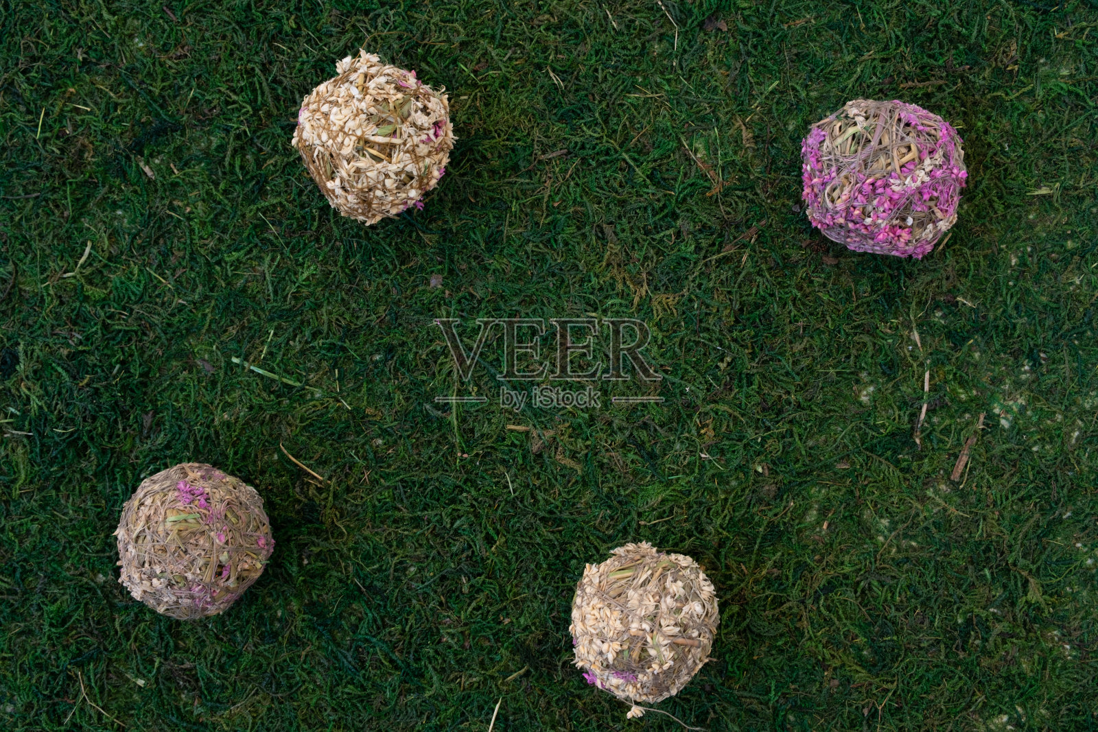 以苔藓和草地为背景的装饰球。花球和草。生态照片照片摄影图片