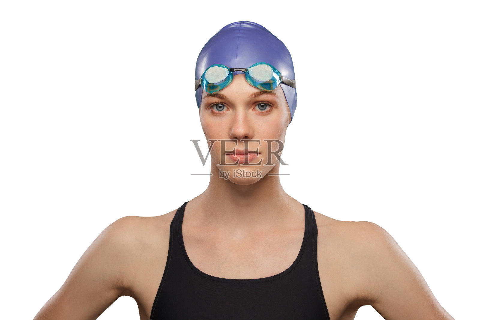 女游泳运动员，戴游泳帽和护目镜。头像照片照片摄影图片