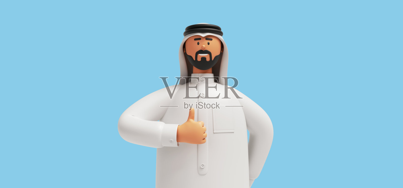 3d渲染，卡通人物阿拉伯人，留着胡子，穿着传统的白色衣服，竖起大拇指的手势。商业剪贴画孤立在浅蓝色背景照片摄影图片