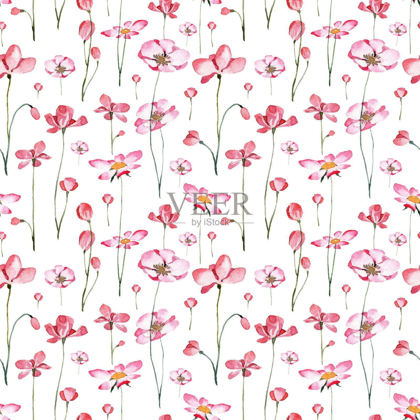 方形无缝图案与花孤立在白色背景上。水彩花蕾和绿叶。植物绘画。布料设计，婚礼请柬设计插画图片素材