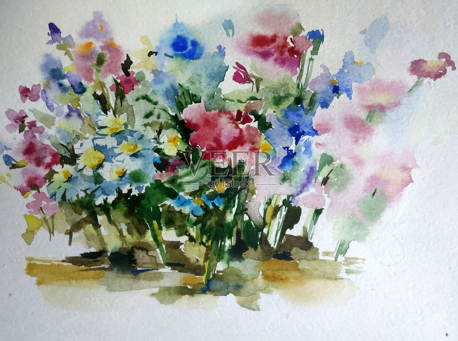 抽象鲜艳的装饰背景。花的图案手工制作。美丽温柔浪漫的春花花束插画图片素材