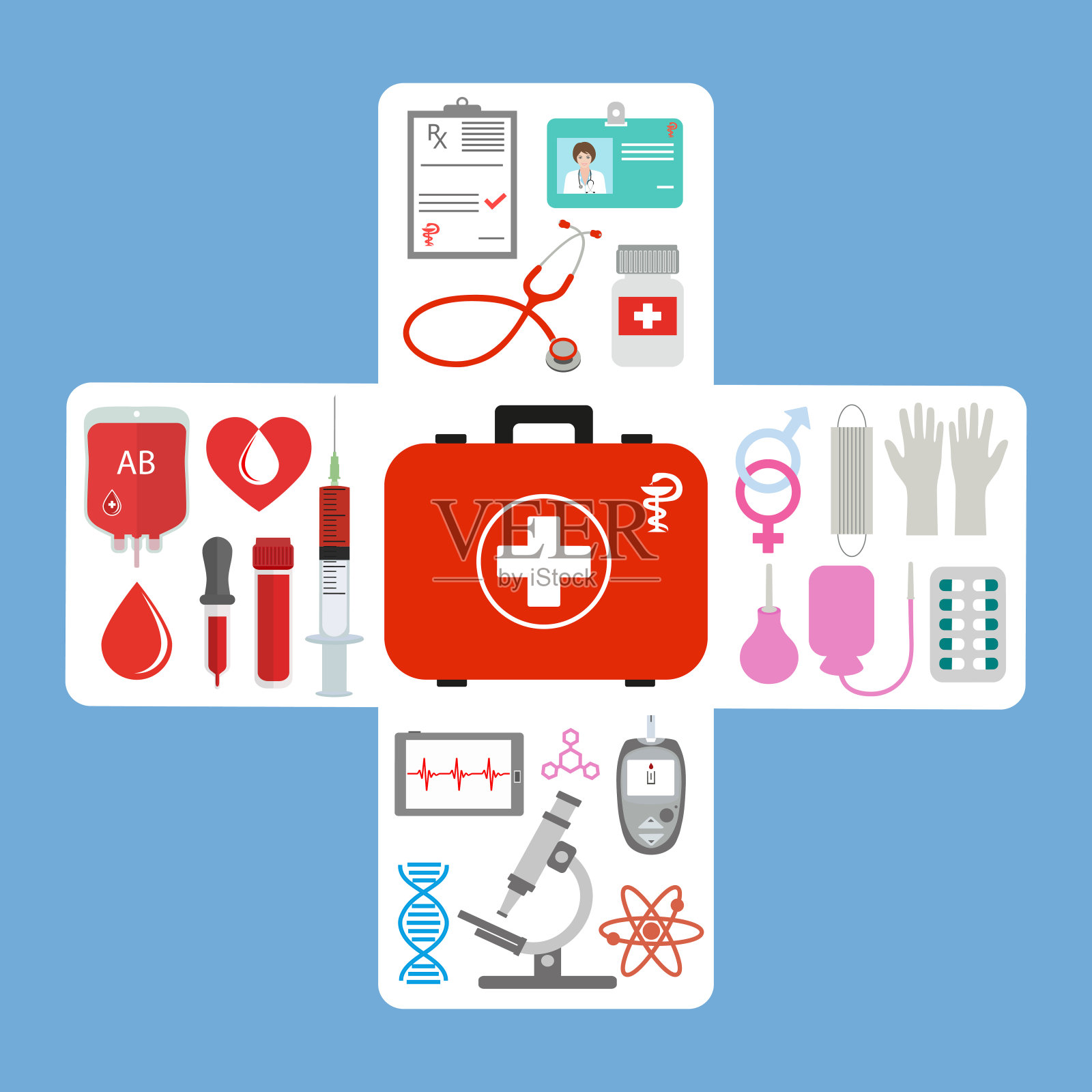 急救箱、听诊器和注射器、药瓶和药片、洗手液瓶、医用石膏、吸管、医用十字形输液箱插画图片素材