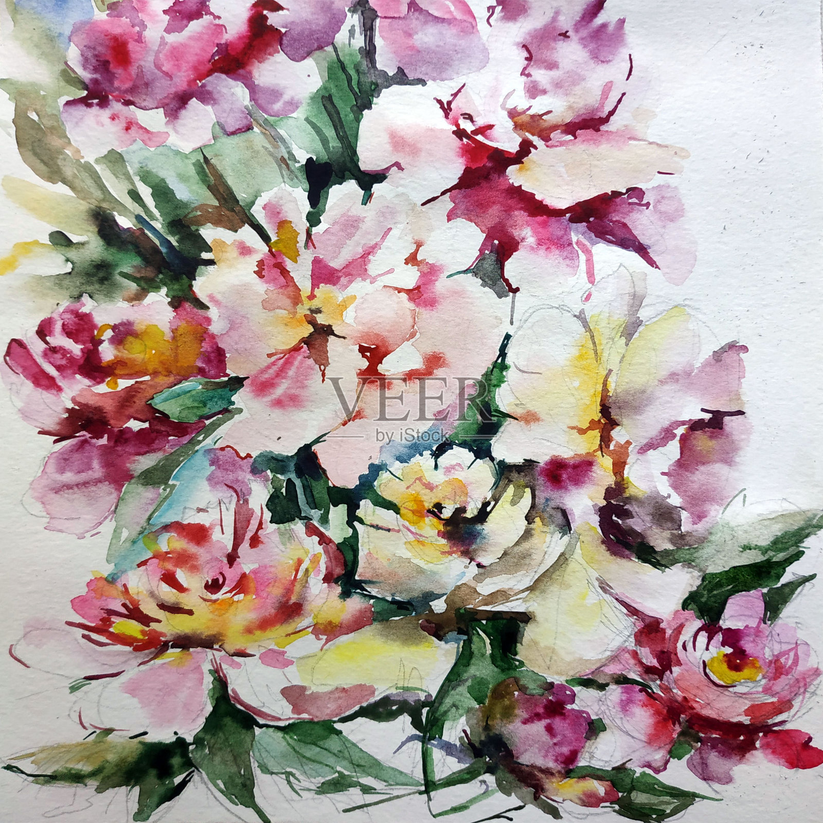 抽象鲜艳的装饰背景。花的图案手工制作。美丽温柔浪漫的春花花束插画图片素材