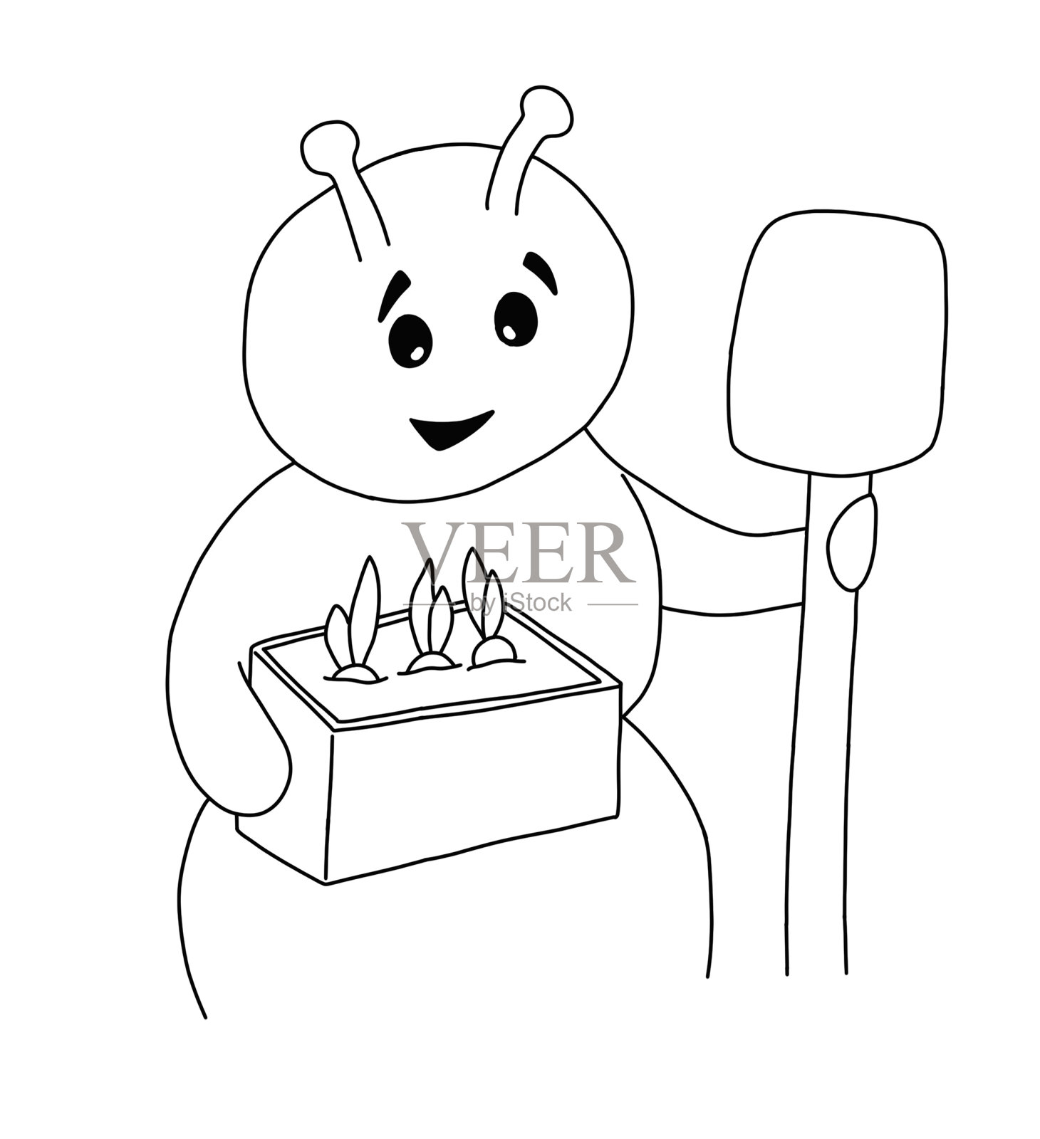 毛毛虫的轮廓握着一把铲子和一个装着花茎的木箱插画图片素材