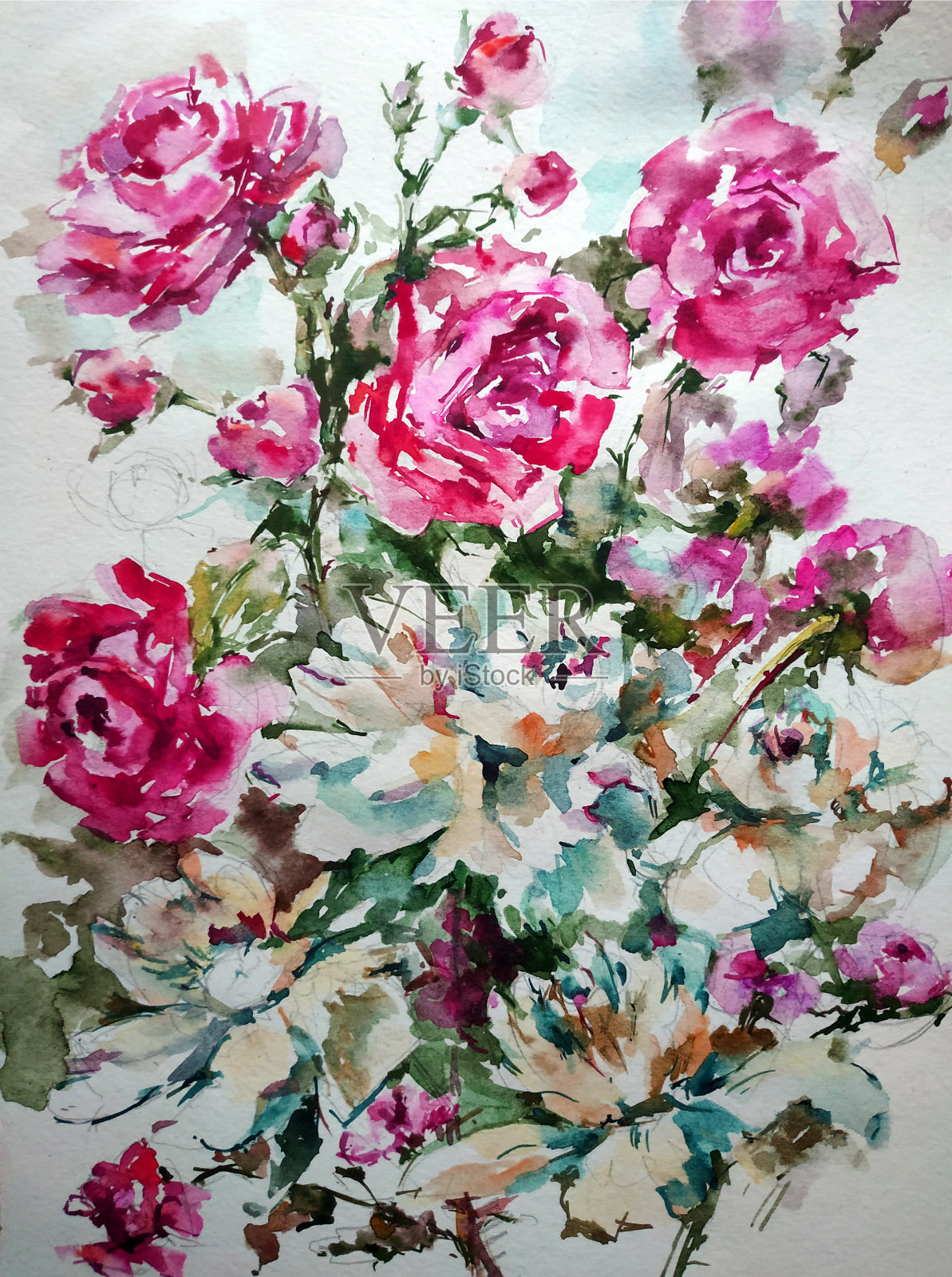 抽象鲜艳的装饰背景。花的图案手工制作。美丽温柔浪漫的夏日玫瑰花插画图片素材