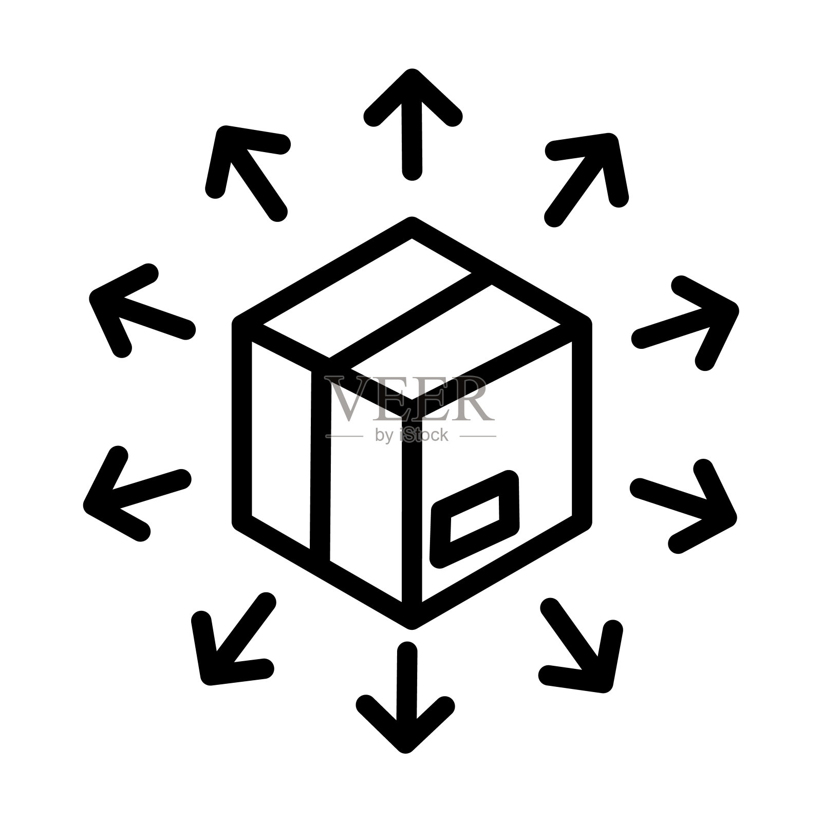 从数字经济收集的分配图标。薄线性分布，航运，货物轮廓图标孤立在白色背景。线向量分布符号，网络和移动符号。图标素材